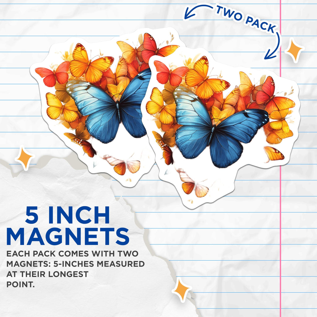 (2 Pack) Vibrant Butterfly Magnets - Blue Morpho Accents - Colorful Nature Inspired Art - 5 Inches On Longest Side - Thick Durable Magnet - Made in USA - MAG24672