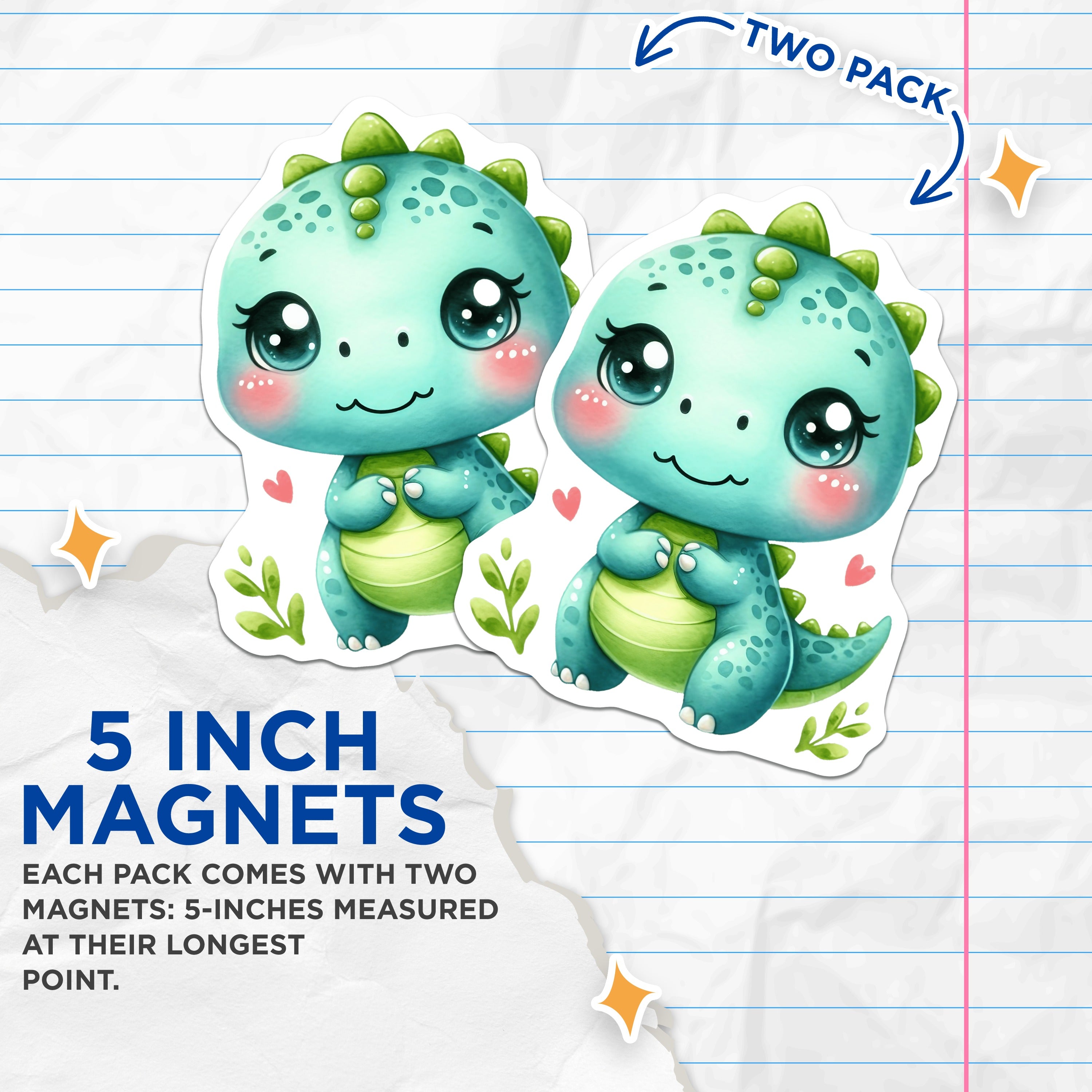 (2 Pack) Cute Dinosaur Magnets - Kawaii Dino Decor - Baby Room Nursery Art - 5 Inches On Longest Side - Thick Durable Magnet - Made in USA - MAG39367