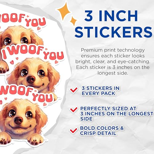 (3 Pack) I Woof You Decals - Cute Puppy Stickers - Dog Lover Decals - 3 Inches On Longest Side - Easy Peel & Apply - Made in USA - 3MCS1236