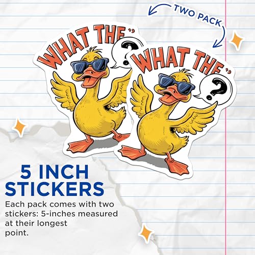 (2 Pack) Funny Duck Stickers - What The Duck - Quirky Bird Decals - 5" On Longest Side - Sticks to Smooth Flat Surfaces - Made in USA - BMCS9537