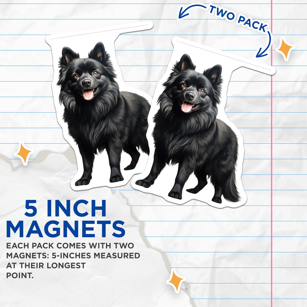 (2 Pack) Black Fluffy Dog Magnets - Pet Lover Refrigerator Decor - Schipperke Pomeranian Spitz Dog Magnets - 5 Inches On Longest Side - Thick Durable Magnet - Made in USA - MAG27083