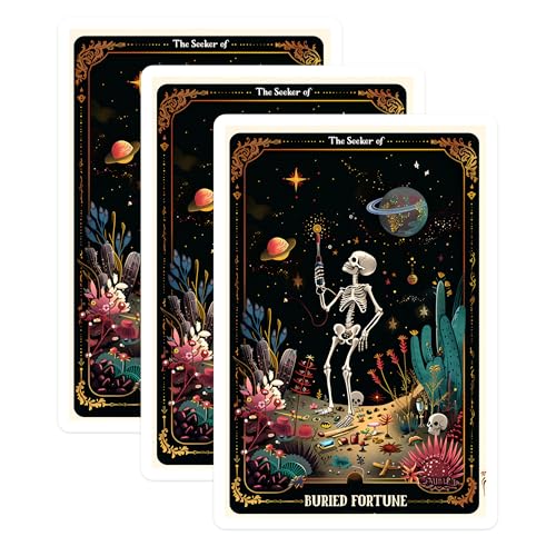 (3 Pack) Skeleton Fortune Decals - Tarot Card Inspired - Laptop Decor - 3 Inches On Longest Side - Easy Peel & Apply - Made in USA - 3MCS0021