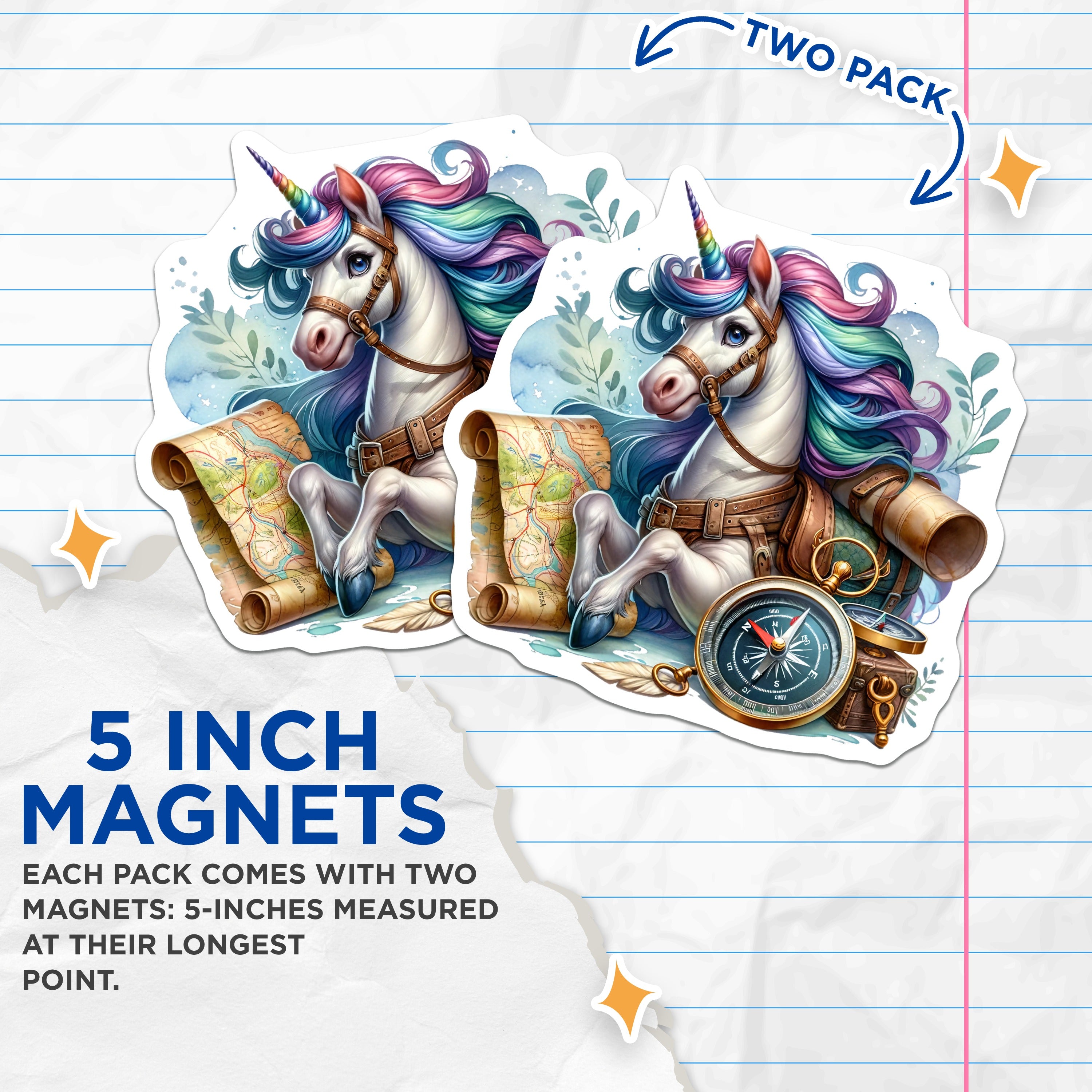 (2 Pack) Whimsical Unicorn Adventure Magnets - Magical Fantasy Explorer - Rainbow Mane Mythical Creature Decor - 5 Inches On Longest Side - Thick Durable Magnet - Made in USA - MAG38172