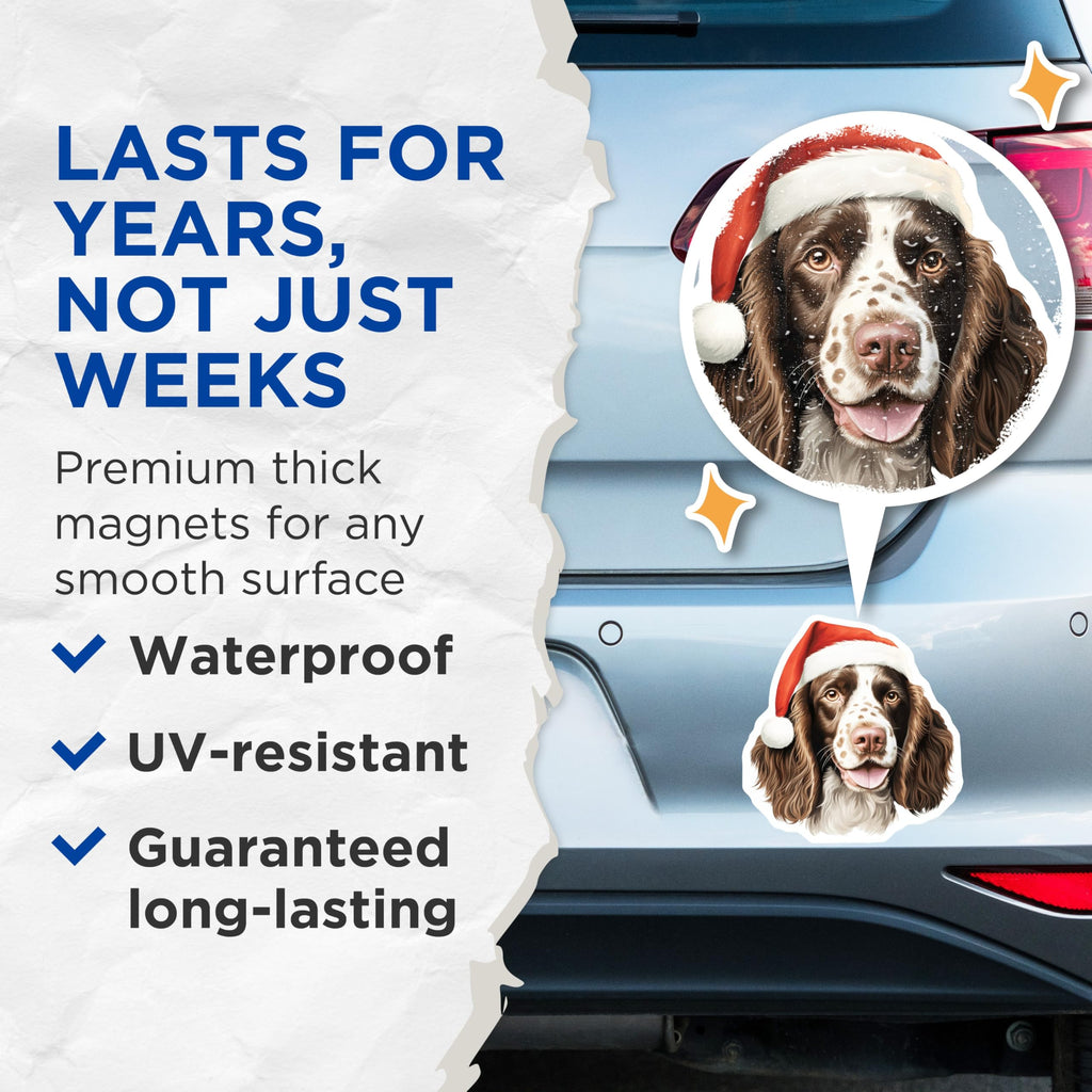 (2 Pack) Springer Spaniel Christmas Magnets - Santa Hat Dog Decor - Holiday Pet Accessory - 5 Inches On Longest Side - Thick Durable Magnet - Made in USA - MAG25656