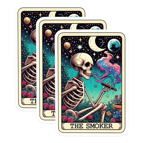 (3 Pack) Smoker Skeleton Decals - Tarot Card Inspired - Cosmic Smoke Laptop Decal - 3 Inches On Longest Side - Easy Peel & Apply - Made in USA - 3MCS4267