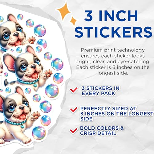 (3 Pack) French Bulldog Decals - Puppy Dog Stickers - Bubble Dog Decals - 3 Inches On Longest Side - Easy Peel & Apply - Made in USA - 3MCS8374