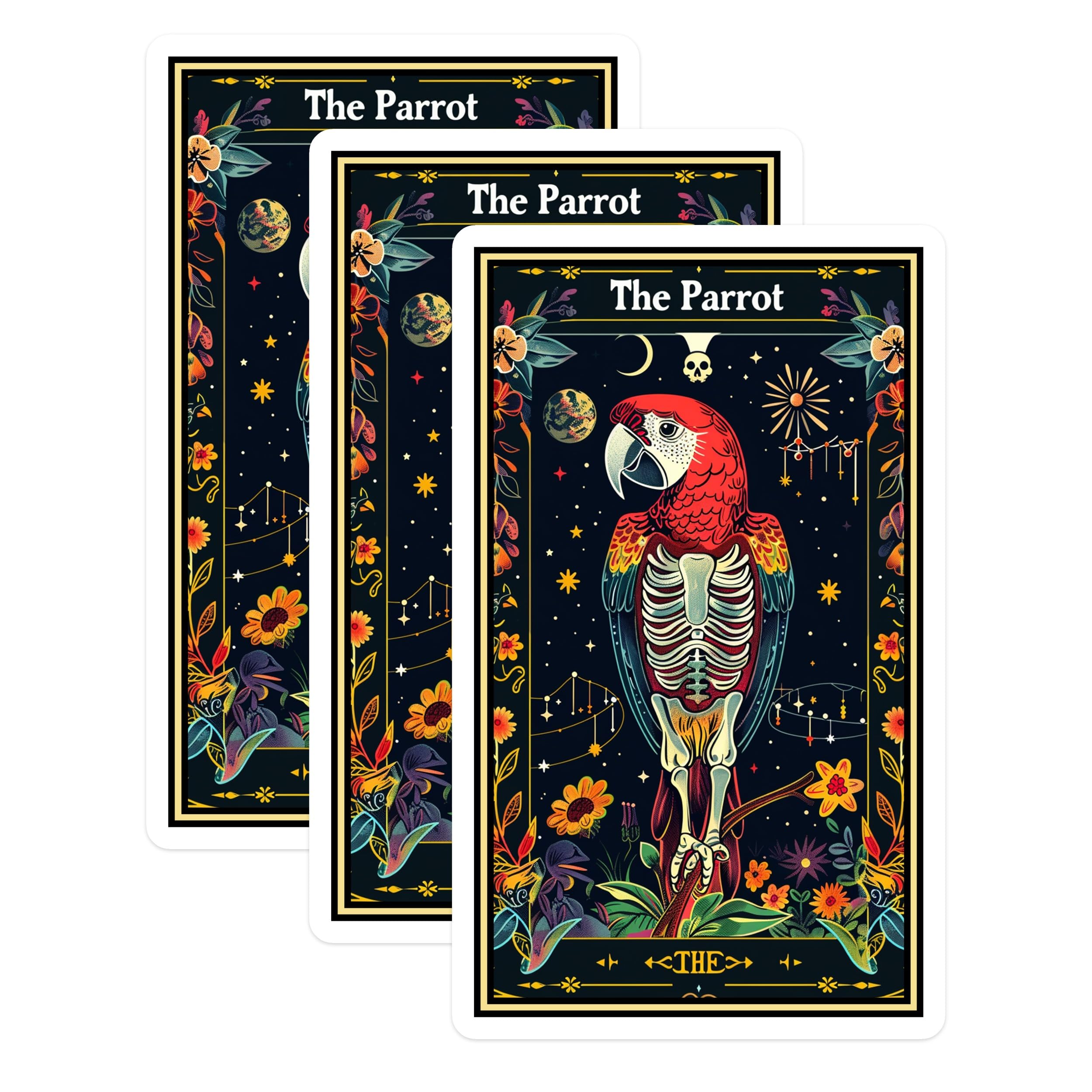 (3 Pack) Tarot Parrot Decals - Skeletal Bird Sticker - Floral Laptop Stickers - 3 Inches On Longest Side - Easy Peel & Apply - Made in USA - 3MCS2460