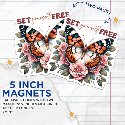 (2 Pack) Floral Butterfly Design Magnet - Motivational Quotes - Positive Affirmation Decor - 5" On Longest Side - Sticks to Smooth Flat Surfaces - Made in USA - MAG9736