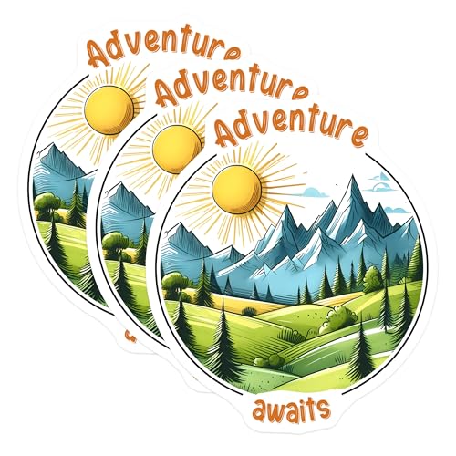 (3 Pack) Adventure Awaits Decals - Mountain Landscape - Nature Laptop Stickers - 3 Inches On Longest Side - Easy Peel & Apply - Made in USA - 3MCS2046