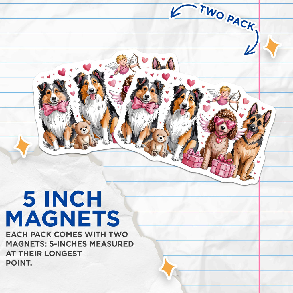 (2 Pack) Valentine Dogs Magnets - Sheltie Poodle German Shepherd - Aussie Puppy Fridge Decor - 5 Inches On Longest Side - Thick Durable Magnet - Made in USA - MAG26649