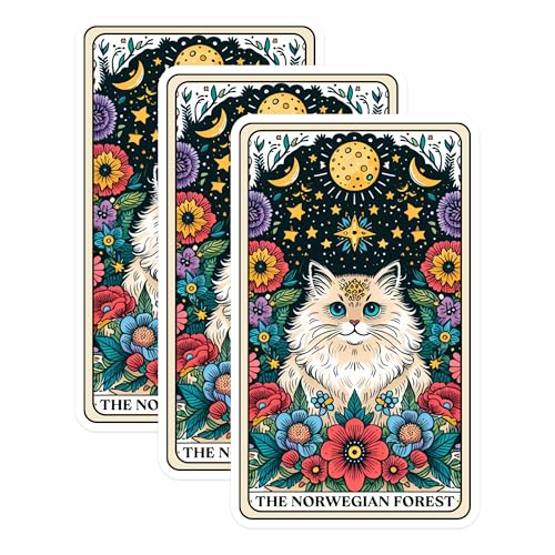 (3 Pack) Norwegian Forest Cat Decals - Tarot Card Decal - Floral Cat Decal - 3 Inches On Longest Side - Easy Peel & Apply - Made in USA - 3MCS0114