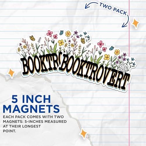 (2 Pack) Booktrovert Magnets - Book Lover Magnets - Floral Bookworm Magnets- 5" On Longest Side - for Fridges, Toolboxes, Cars - Made in USA - MAG2866