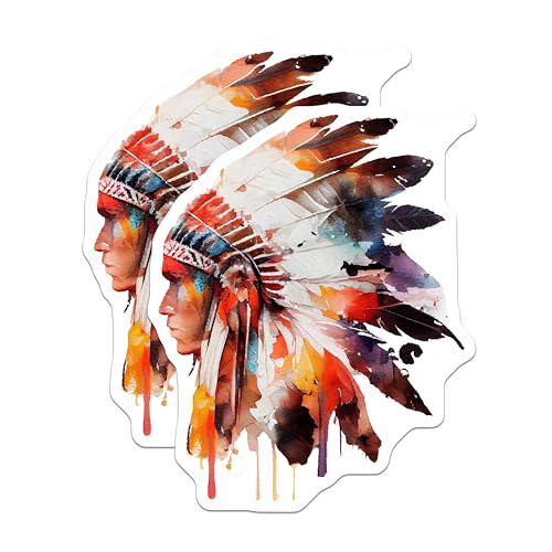 (2 Pack) Native American Headdress Stickers - Watercolor Art - Bohemian Decor - 5" On Longest Side - Sticks to Smooth Flat Surfaces - Made in USA - BMCS9016