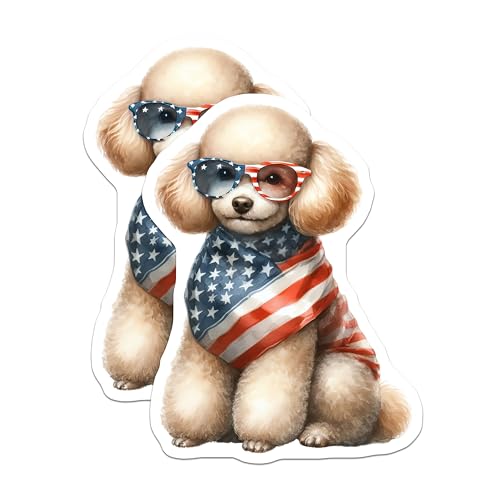 (2 Pack) Cute Dog Stickers - American Flag - Patriotic Pet Design - 5" On Longest Side - Sticks to Smooth Flat Surfaces - Made in USA - BMCS6541