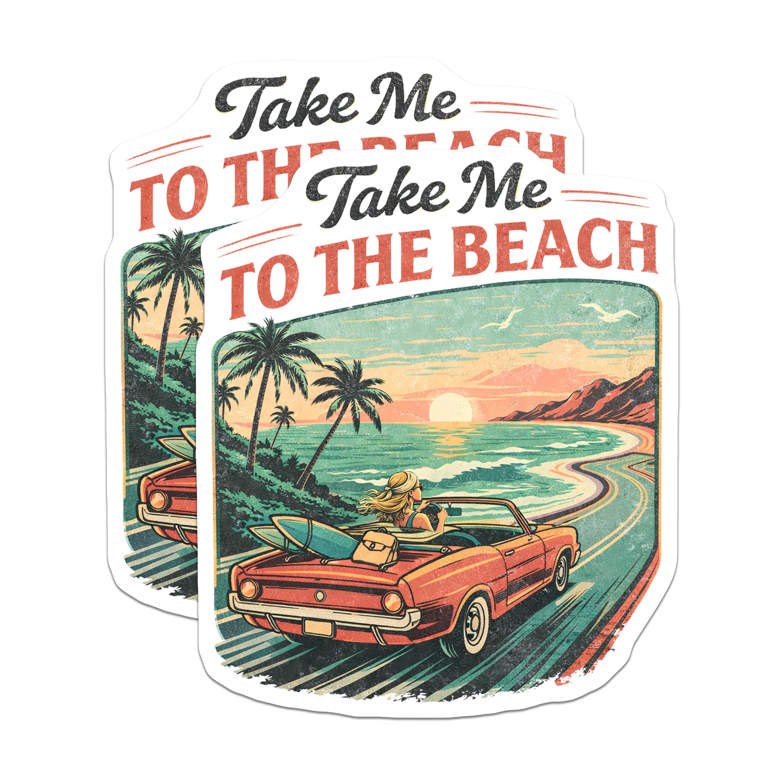 (2 Pack) Take Me to The Beach Magnets - Retro Surf Convertible - Coastal Ocean Sunset Road Trip Aesthetic - 5 Inches On Longest Side - Thick Durable Magnet - Made in USA - MAG38762