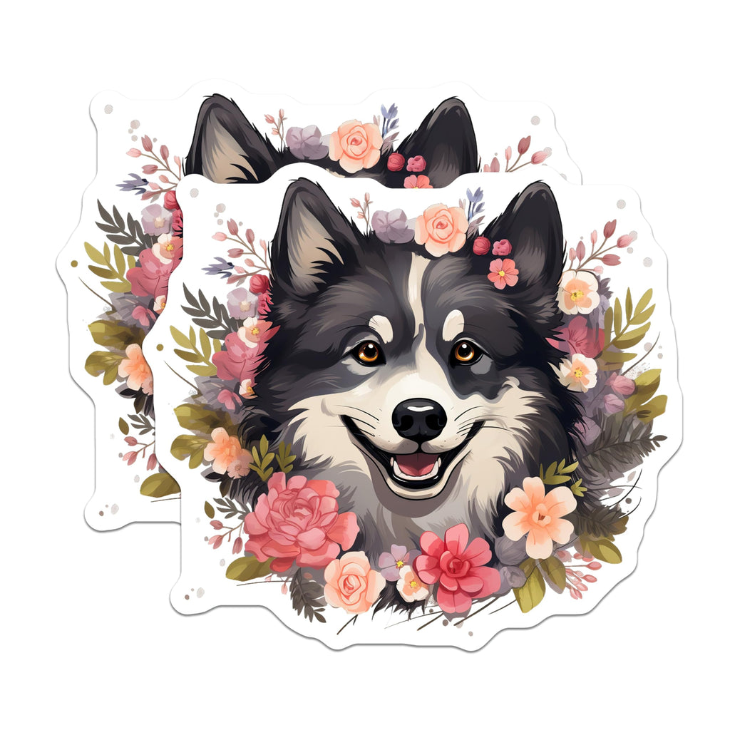 (2 Pack) Happy Siberian Husky Magnets - Floral Dog Refrigerator Decor - Cute Animal Lover Locker Magnetic Set - 5 Inches On Longest Side - Thick Durable Magnet - Made in USA - MAG24152