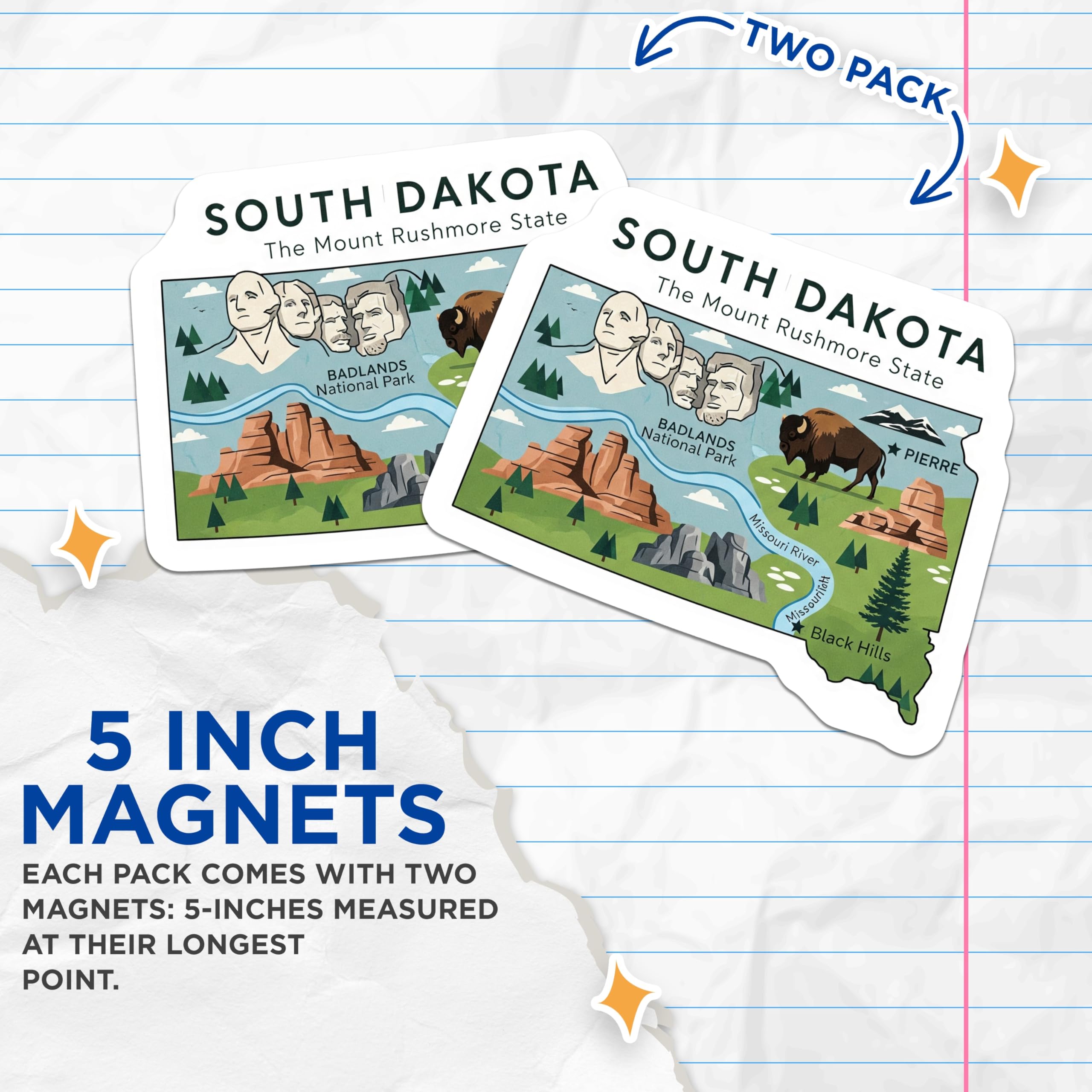 (2 Pack) South Dakota Magnets - Mount Rushmore - SD State Illustration - 5" On Longest Side - Premium Magnet - for Cars, Refrigerators, Toolboxes, Lockers - Made in USA - MAG18126