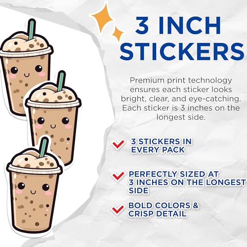(3 Pack) Cute Boba Tea Decals - Kawaii Drink - Bubble Tea Stickers - 3 Inches On Longest Side - Easy Peel & Apply - Made in USA - 3MCS1050