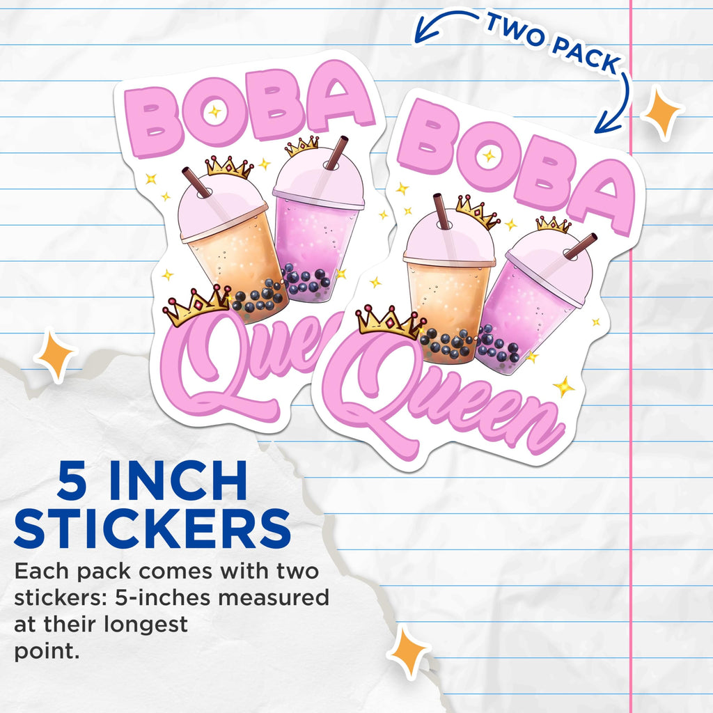 (2 Pack) Boba Queen Stickers - Bubble Tea - Cute Kawaii Drink - 5" On Longest Side - Sticks to Smooth Flat Surfaces - Made in USA - BMCS7746
