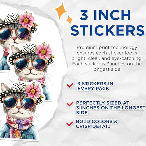 (3 Pack) Cat with Sunglasses Decals - Cool Cat Stickers - Trendy Animal Decals - 3 Inches On Longest Side - Easy Peel & Apply - Made in USA - 3MCS8269