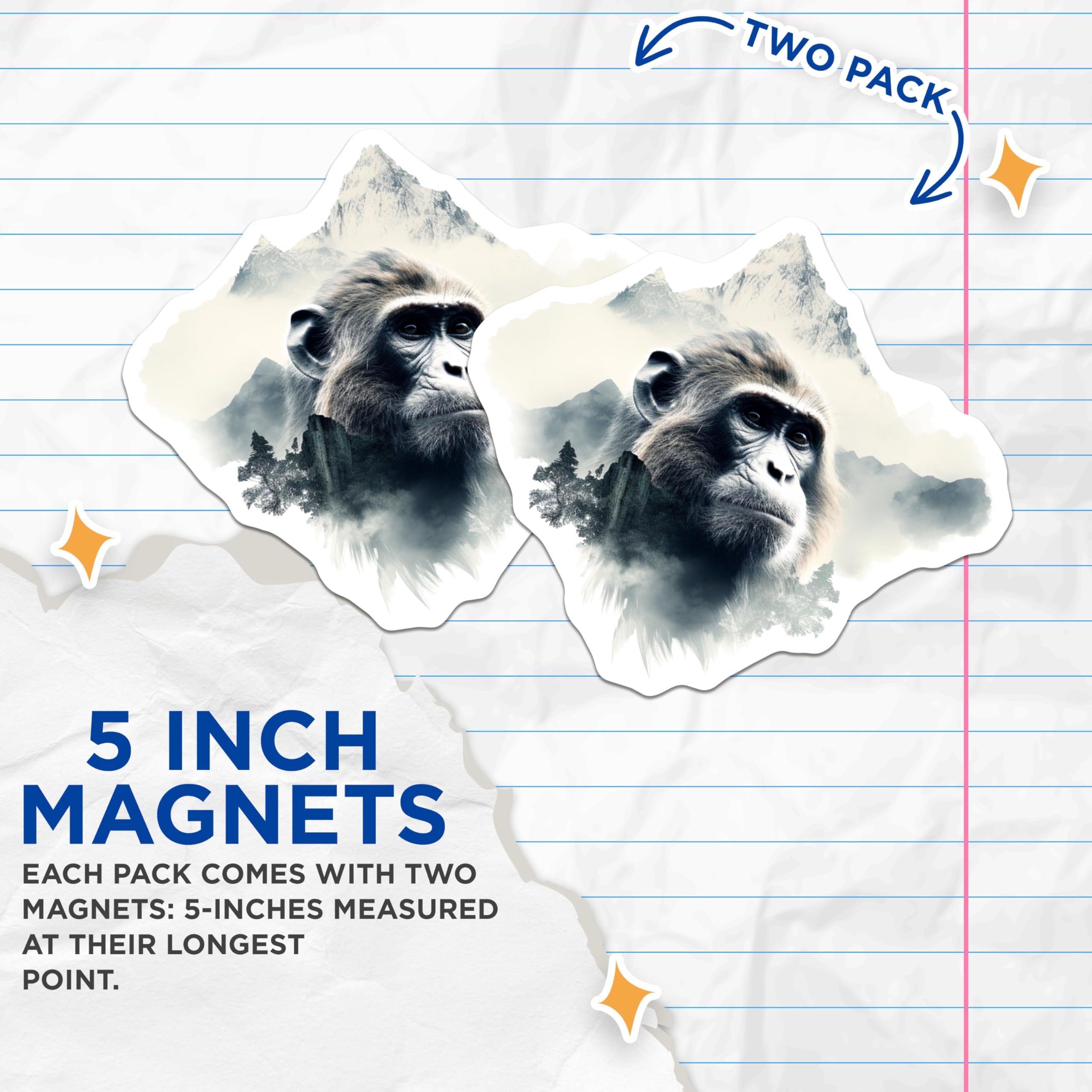 (2 Pack) Monkey Design Magnets - Animal Art - Wildlife - Nature Inspired Magnets - Unique Magnet - Refrigerator Magnets - 5" On Longest Side - for Cars, Fridges, Toolboxes - Made in USA - MAG3798