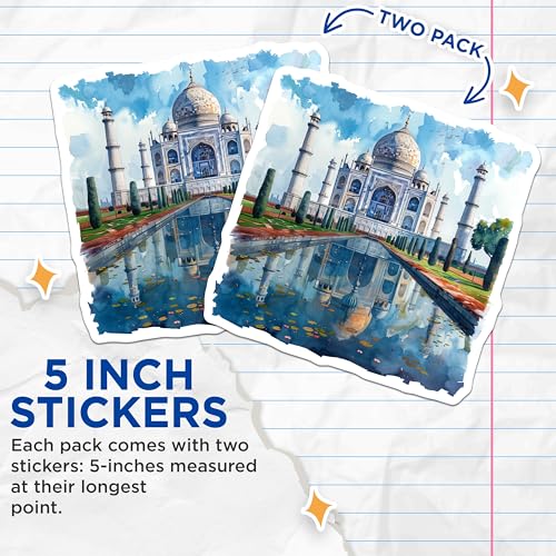 (2 Pack) Taj Mahal Stickers - India Travel Stickers - Watercolor Landmark Stickers - 5" On Longest Side - Sticks to Smooth Flat Surfaces - Made in USA - BMCS5199