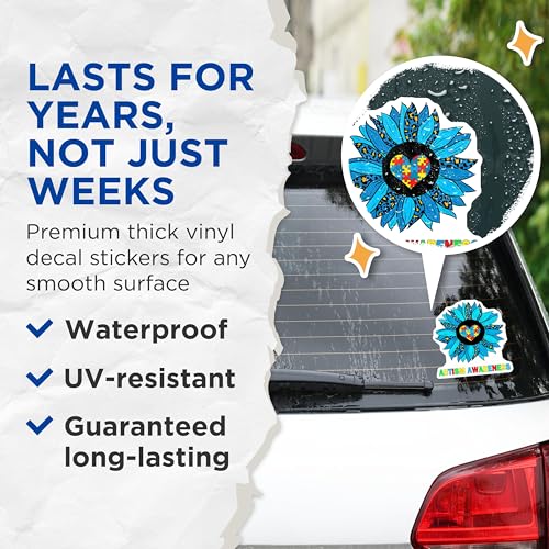 (2 Pack) Autism Awareness Stickers - Puzzle Heart Stickers - Blue Sunflower Stickers - 5" On Longest Side - Sticks to Any Smooth Flat Surface - Made in USA - BMCS3575