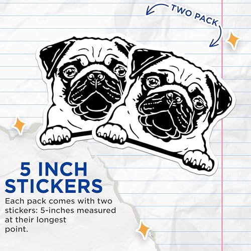 (2 Pack) Pug Dog Stickers - Cute Pug Lover Decal - Adorable Pet Sticker - 5" On Longest Side - Sticks to Smooth Flat Surfaces - Made in USA - BMCS4045