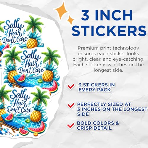 (3 Pack) Salty Hair Don't Care Decals - Summer Pool Party - Tropical Vacation Vibes - 3 Inches On Longest Side - Easy Peel & Apply - Made in USA - 3MCS8057
