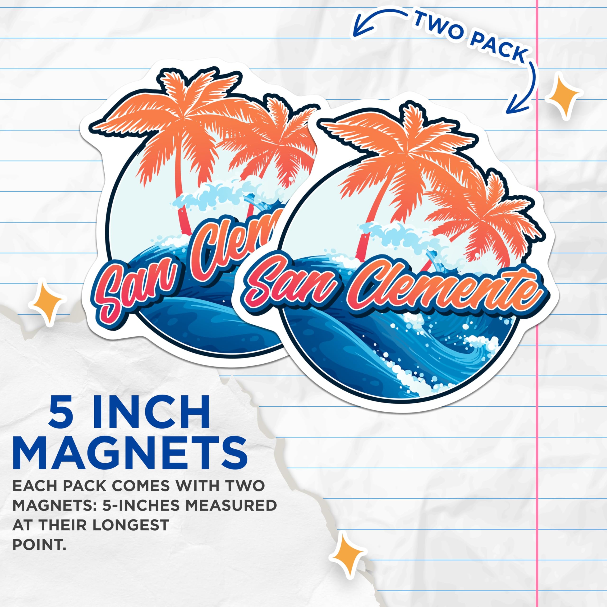 (2 Pack) San Clemente Magnets - California Surf - Palm Tree Beach Decor - 5" On Longest Side - Premium Magnet - for Cars, Refrigerators, Toolboxes, Lockers - Made in USA - MAG18936