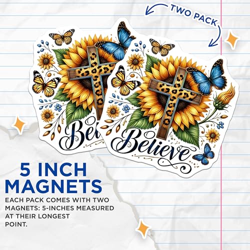 (2 Pack) Believe Magnets - Christian Home Decor - Inspirational Sunflower Cross - 5" On Longest Side - for Cars, Fridges, Toolboxes - Made in USA - MAG7880