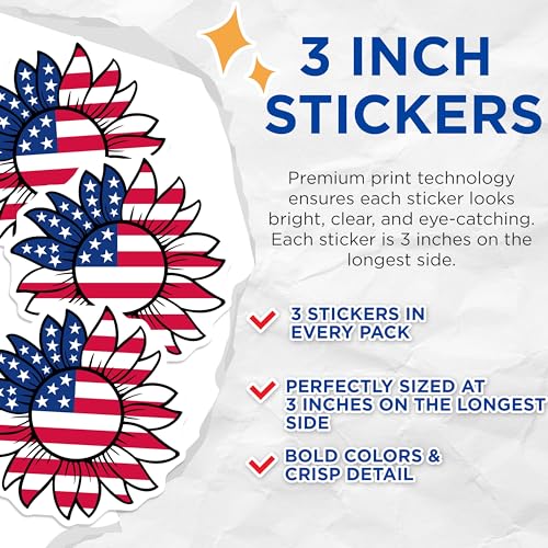 (3 Pack) Sunflower American Flag Decals - Patriotic Stickers - Laptop Car Bumper Decals- 3 Inches On Longest Side - Easy Peel & Apply - Made in USA - 3MCS5081