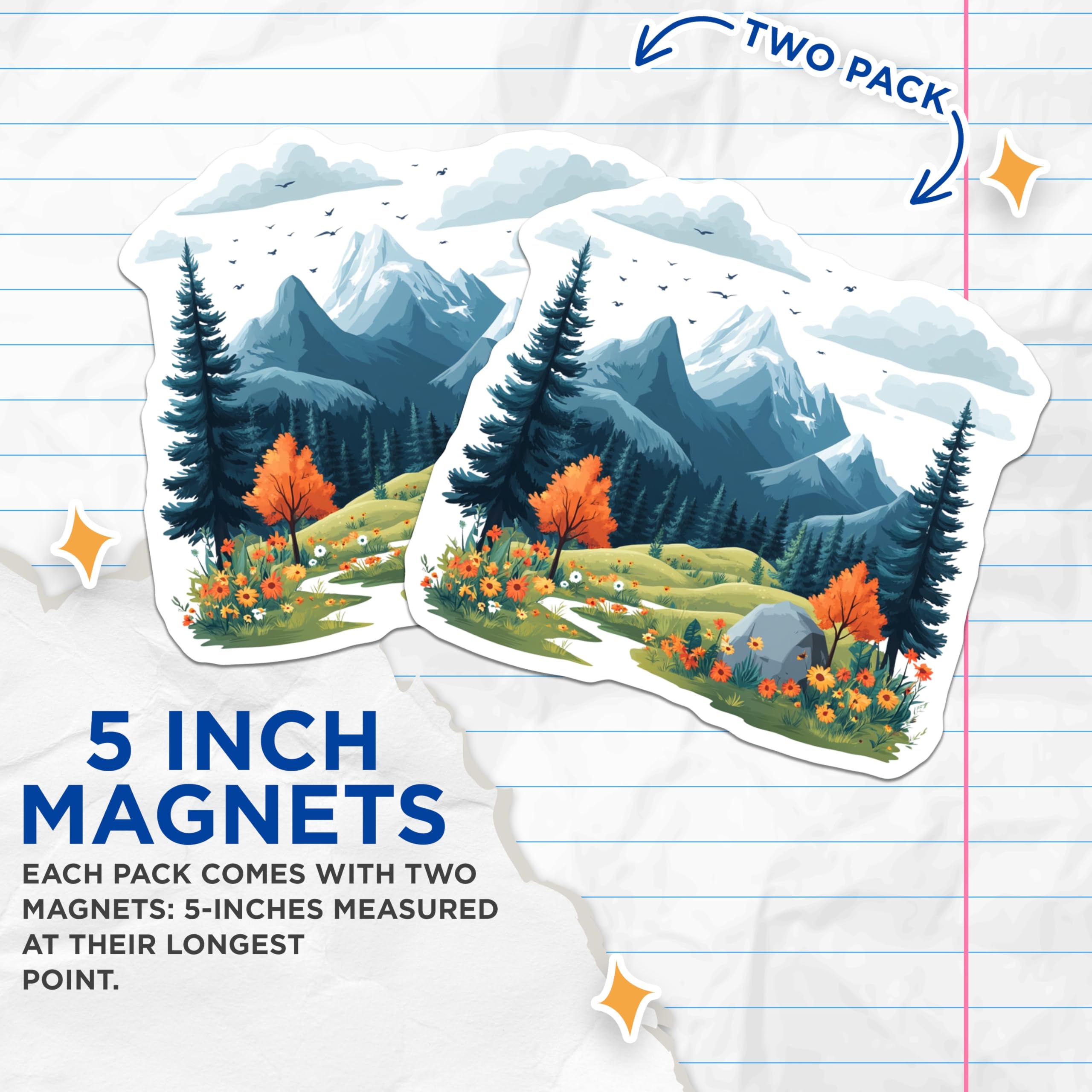 (2 Pack) Mountain Landscape Magnets - Nature Art Decor - Woodland Forest Scene - Outdoor Refrigerator Aesthetic - 5 Inches On Longest Side - Thick Durable Magnet - Made in USA - MAG29517