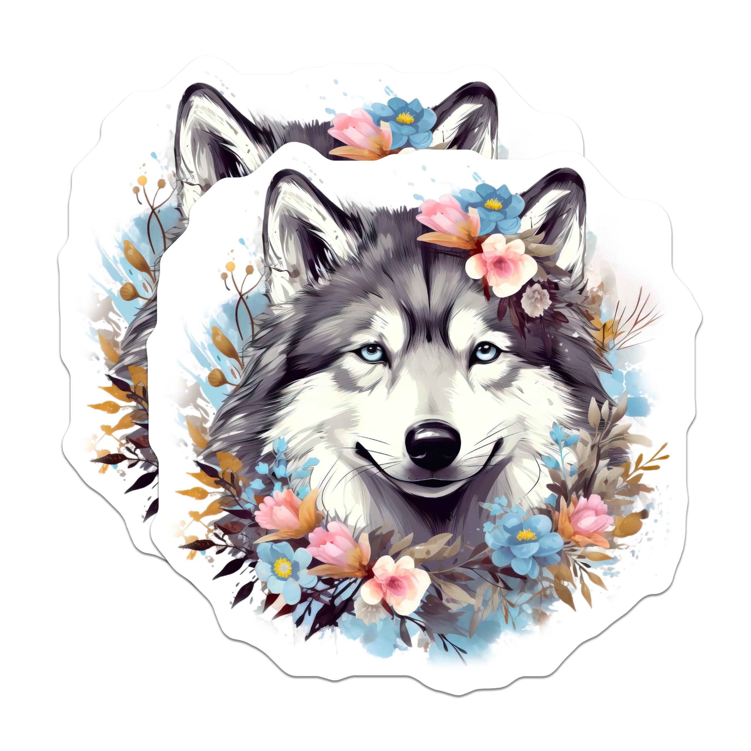 (2 Pack) Husky Magnets - Watercolor Floral Dog Art - Smiling Wolf Lover Refrigerator Accents - 5 Inches On Longest Side - Thick Durable Magnet - Made in USA - MAG26805