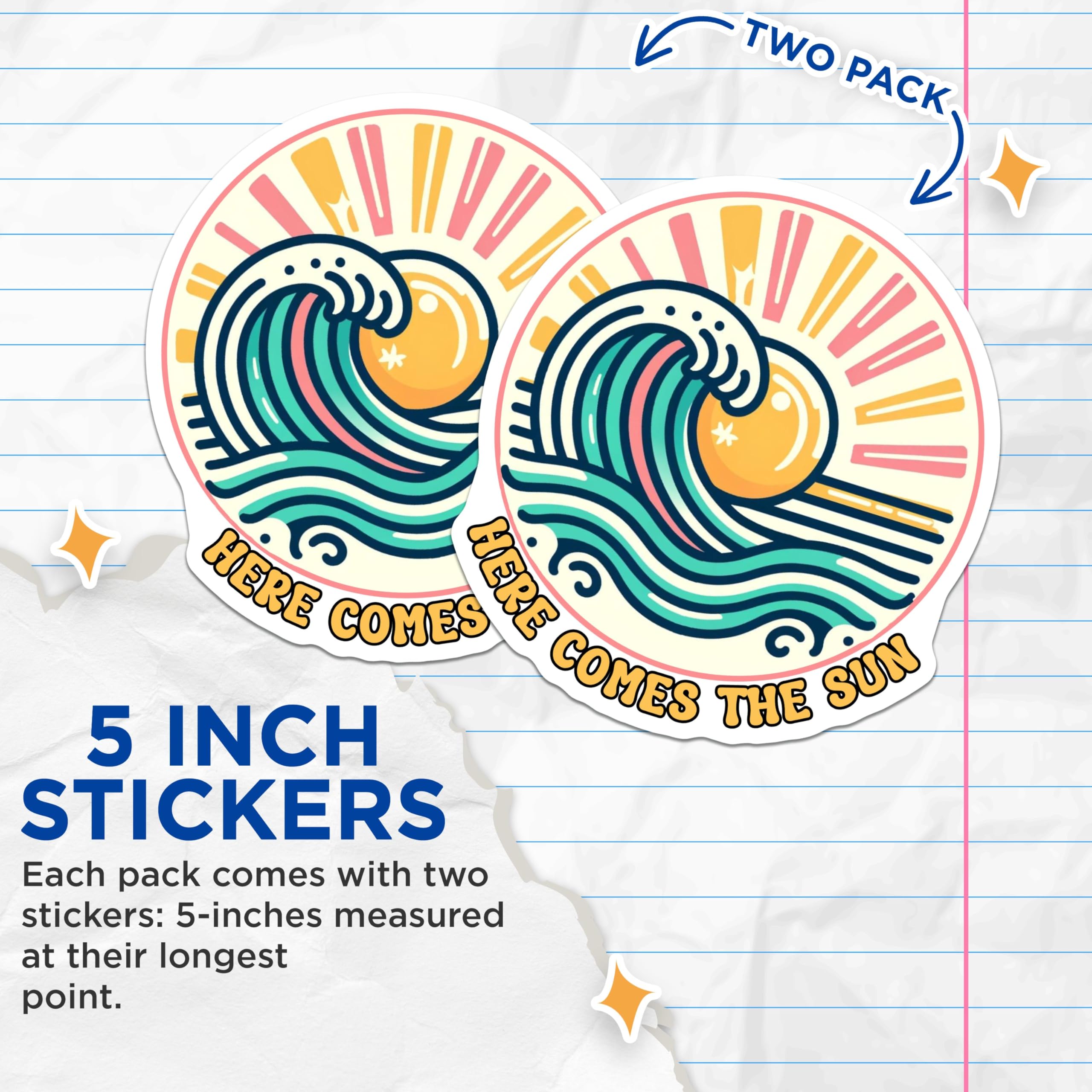 (2 Pack) Here Comes The Sun Stickers - Wave Art Decals - Retro Sun and Sea Designs - 5" On Longest Side - Sticks to Smooth Flat Surfaces - Made in USA - BMCS9250