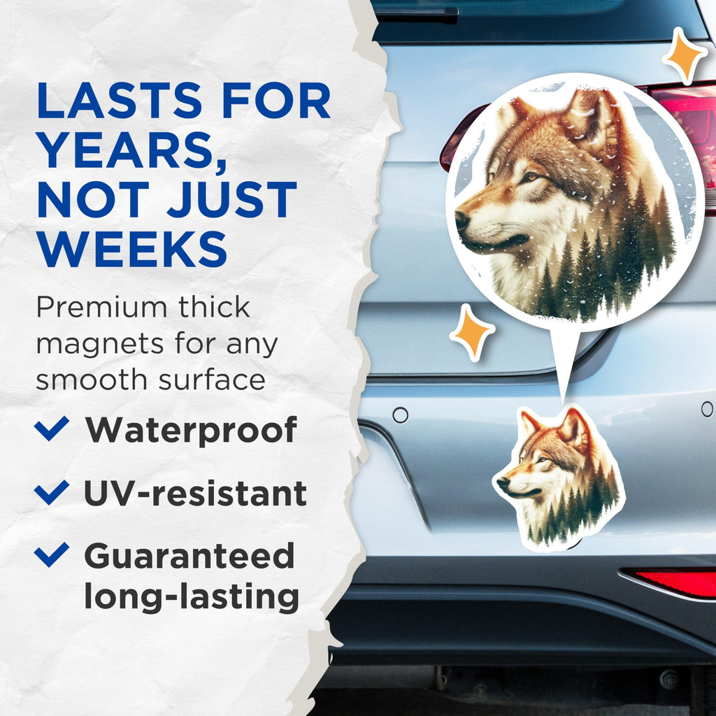 (2 Pack) Wolf Magnets - Forest Animal Decor - Nature Lover Refrigerator Magnets - 5" On Longest Side - Premium Magnet - for Cars, Refrigerators, Toolboxes, Lockers - Made in USA - MAG15509