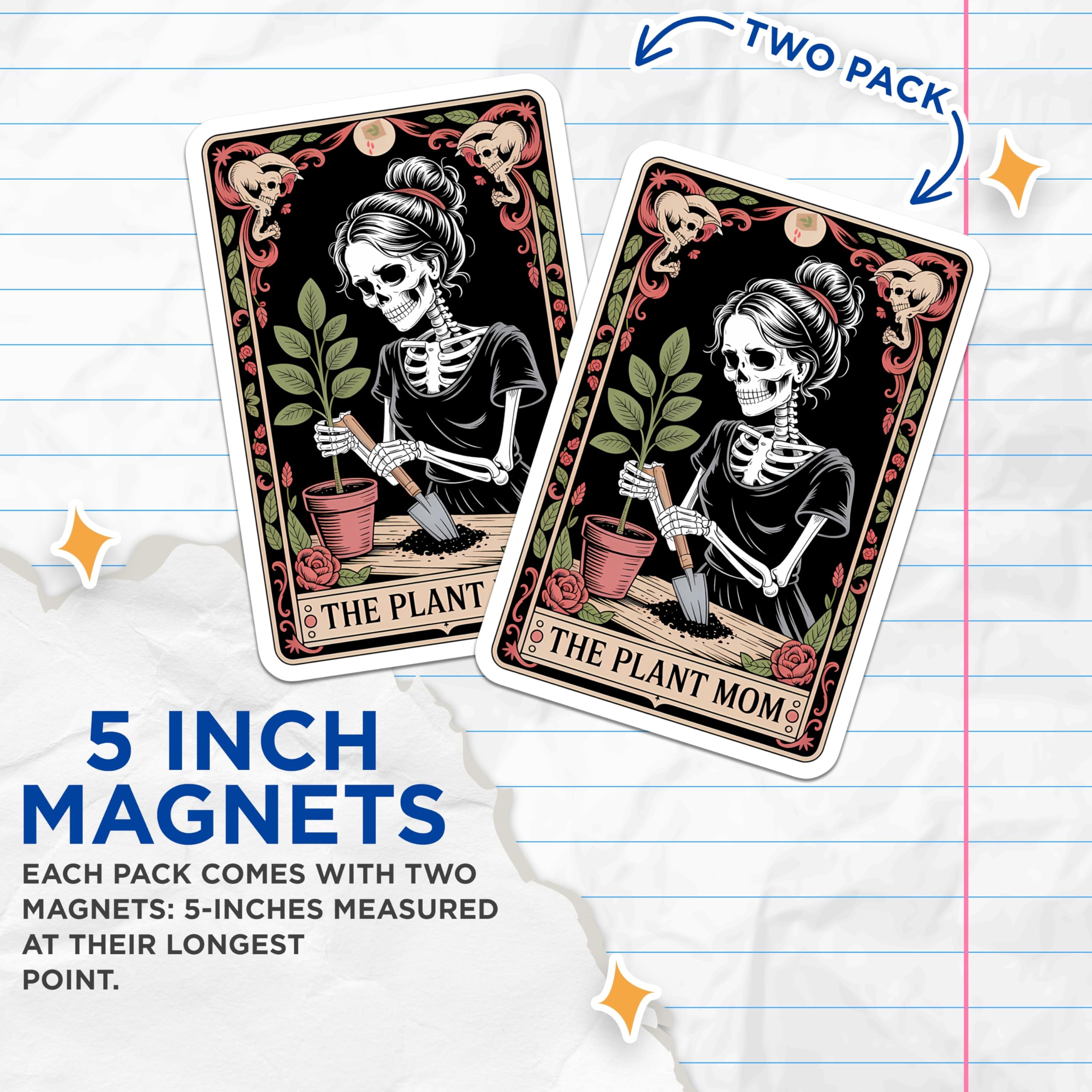 (2 Pack) Plant Mom Magnets - Skeleton Gardener - Botanical Lover Fridge Decor - 5" On Longest Side - Premium Magnet - for Cars, Refrigerators, Toolboxes, Lockers - Made in USA - MAG15690