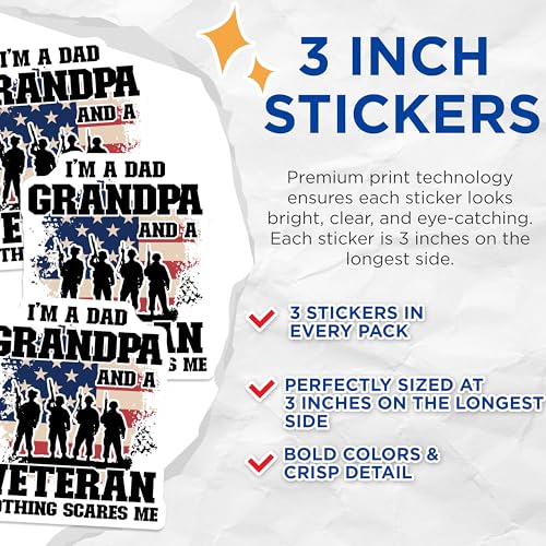 (3 Pack) Veteran Decals - Dad Grandpa - Armed Forces US Flag - 3 Inches On Longest Side - Easy Peel & Apply - Made in USA - 3MCS4476
