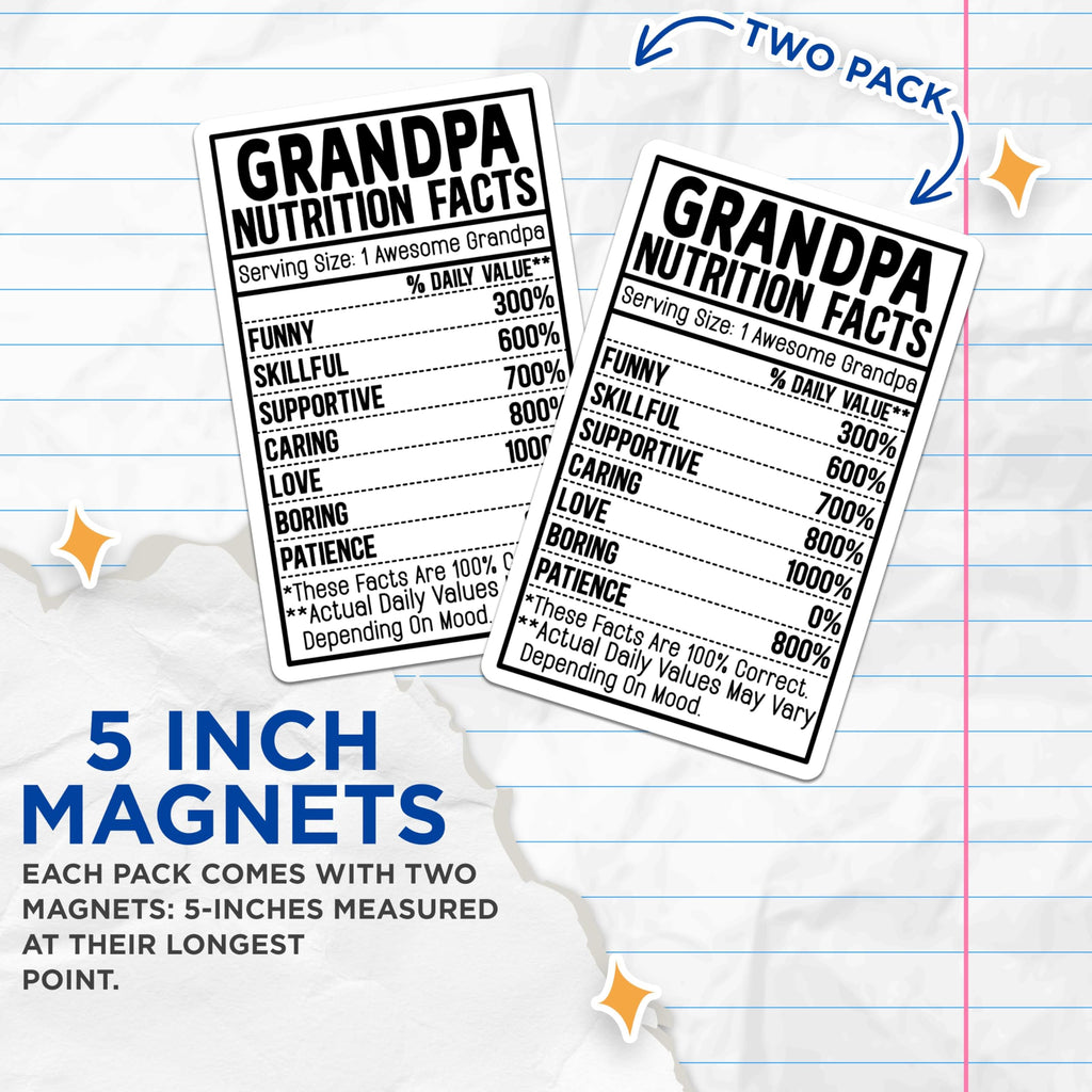 (2 Pack) Grandpa Nutrition Facts Magnets - Humorous Family - Grandparents - 5" On Longest Side - for Cars, Fridges, Toolboxes - Made in USA - MAG4078