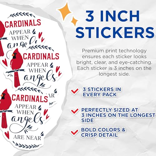 (3 Pack) Cardinal Decals - Angels are Near - Memorial Bird Decal - 3 Inches On Longest Side - Easy Peel & Apply - Made in USA - 3MCS7392
