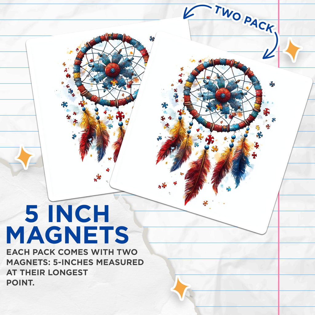(2 Pack) Autism Awareness Dreamcatcher Magnets - Puzzle Piece Neurodiversity Magnet - Boho Watercolor Fridge Decor - 5 Inches On Longest Side - Thick Durable Magnet - Made in USA - MAG30870