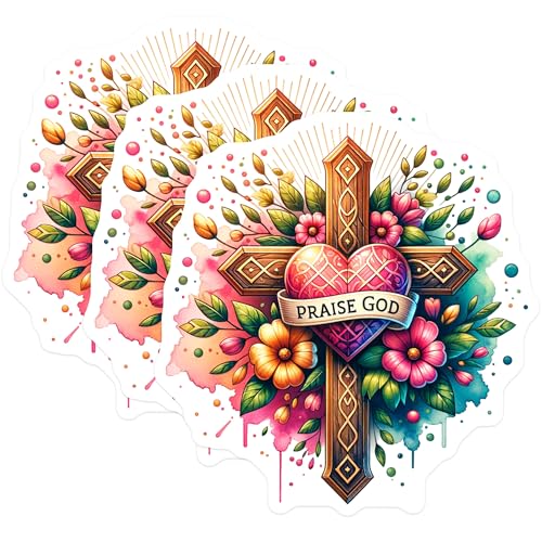 (3 Pack) Praise God Decals - Christian Cross Stickers - Religious Laptop Decal- 3 Inches On Longest Side - Easy Peel & Apply - Made in USA - 3MCS5791