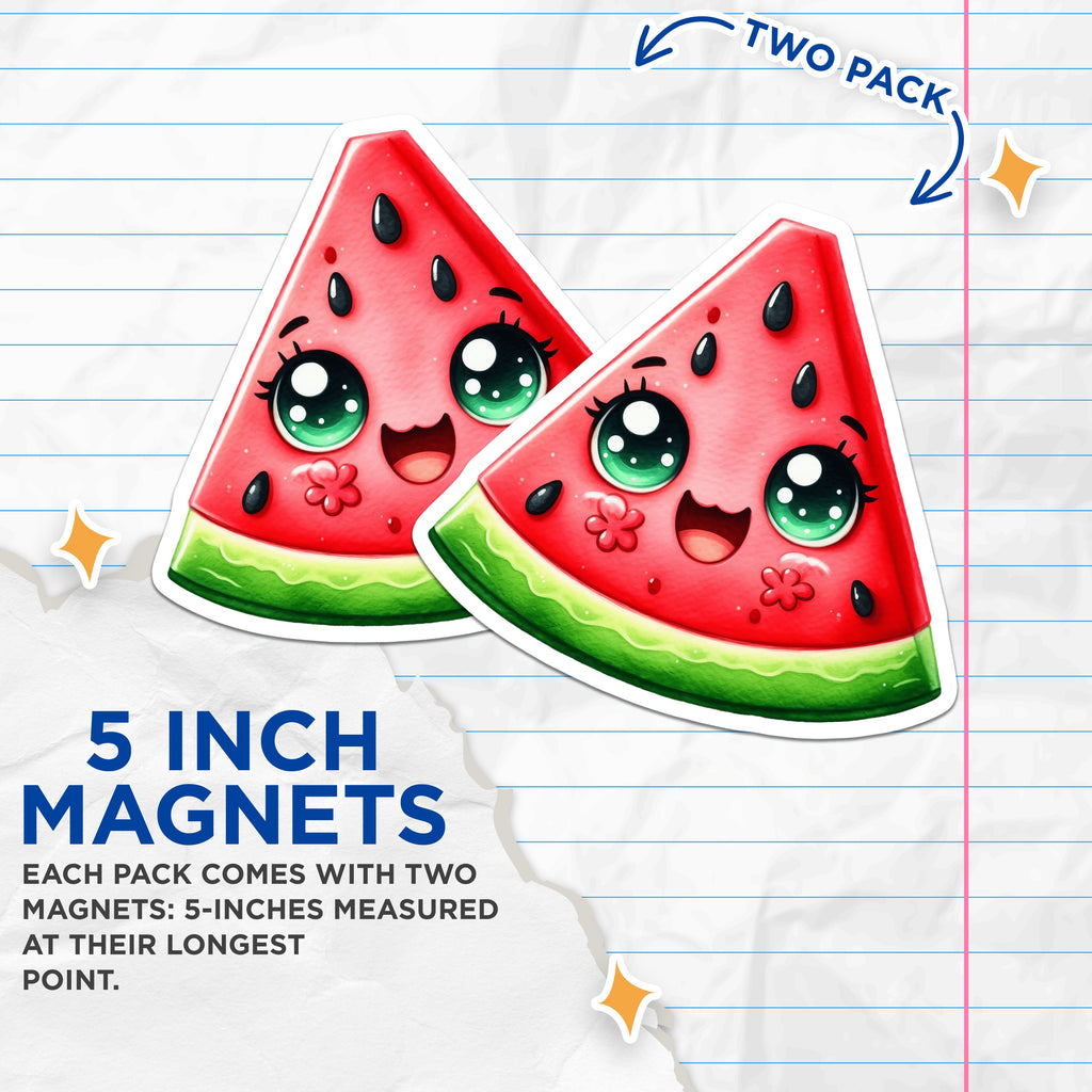 (2 Pack) Kawaii Watermelon Slice Magnets - Cute Fruit Fridge Decor - Summer Locker Fun - 5 Inches On Longest Side - Thick Durable Magnet - Made in USA - MAG36598