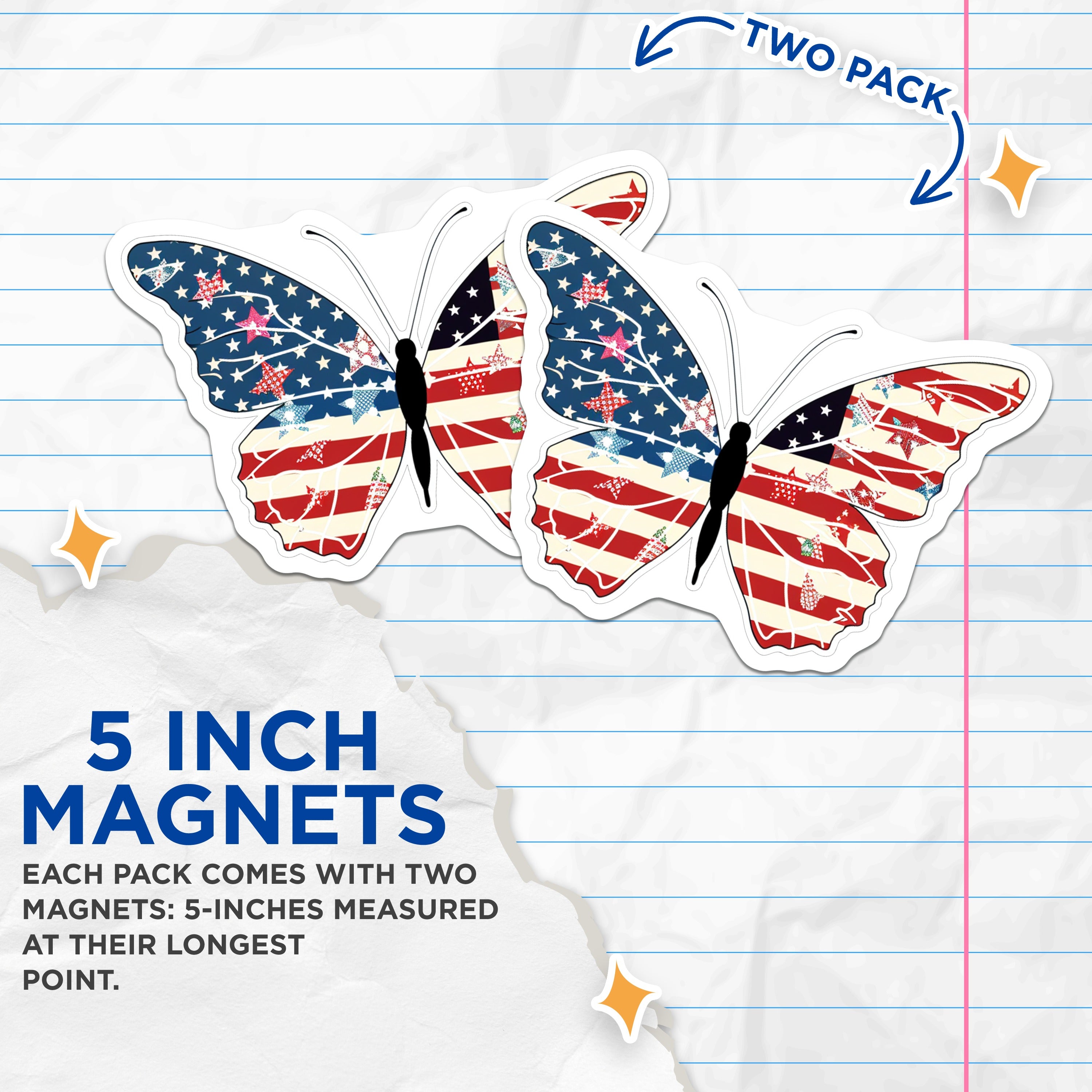 (2 Pack) American Flag Butterfly Magnets - Patriotic Americana Decor - 4th of July Fridge Art - 5 Inches On Longest Side - Thick Durable Magnet - Made in USA - MAG37853