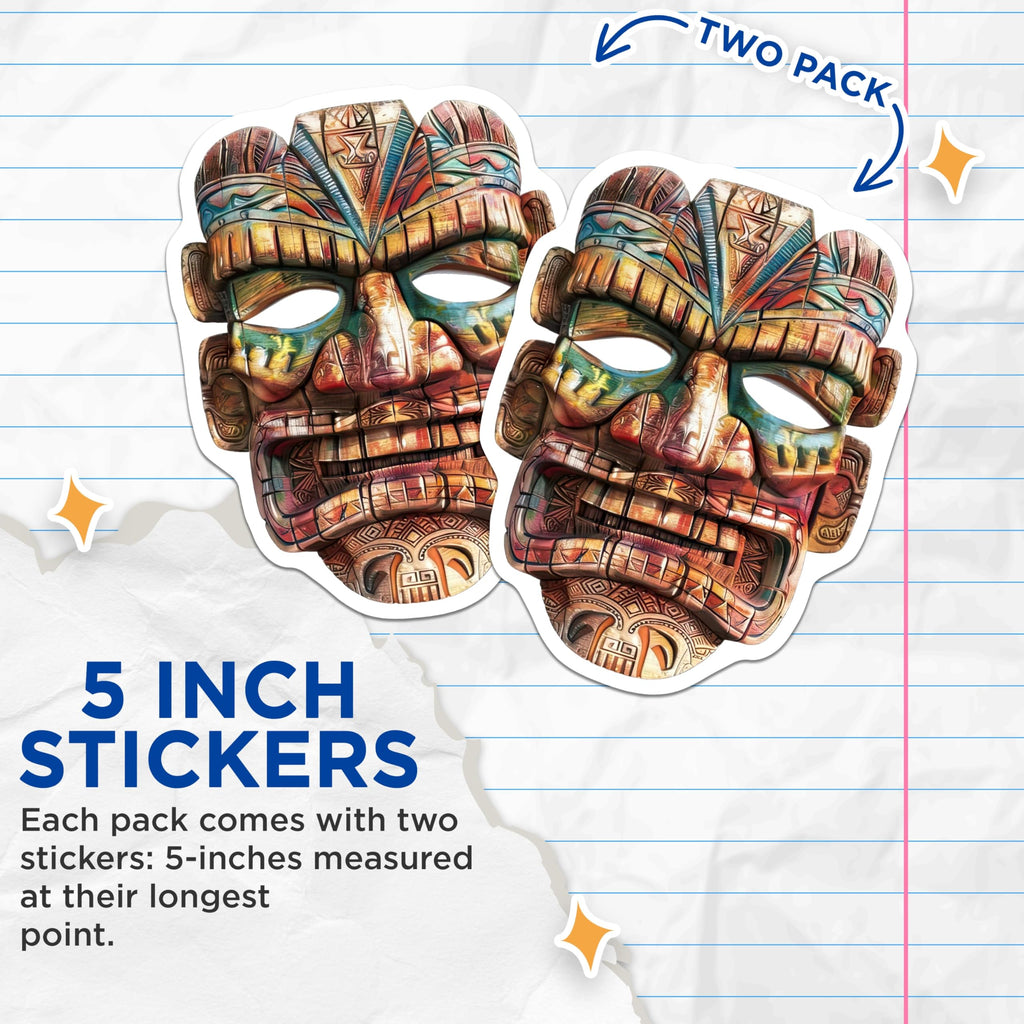 (2 Pack) Colorful Tiki Mask Stickers - Polynesian Tribal Art - Tropical Island Decor - 5" On Longest Side - Sticks to Smooth Flat Surfaces - Made in USA - BMCS20640