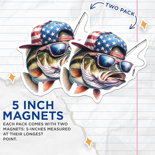 (2 Pack) Funny Fishing Bass Magnets Magnets - Patriotic Hat - Fish with Sunglasses - 5" On Longest Side - Made in USA - Sticks to Refrigerators & Metal Surfaces - MAG8591