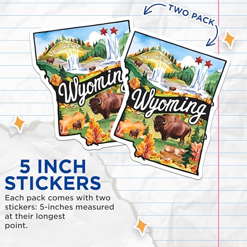 (2 Pack) Wyoming Stickers - Yellowstone National Park - Nature Scene Sticker - 5" On Longest Side - Sticks to Smooth Flat Surfaces - Made in USA - BMCS6280