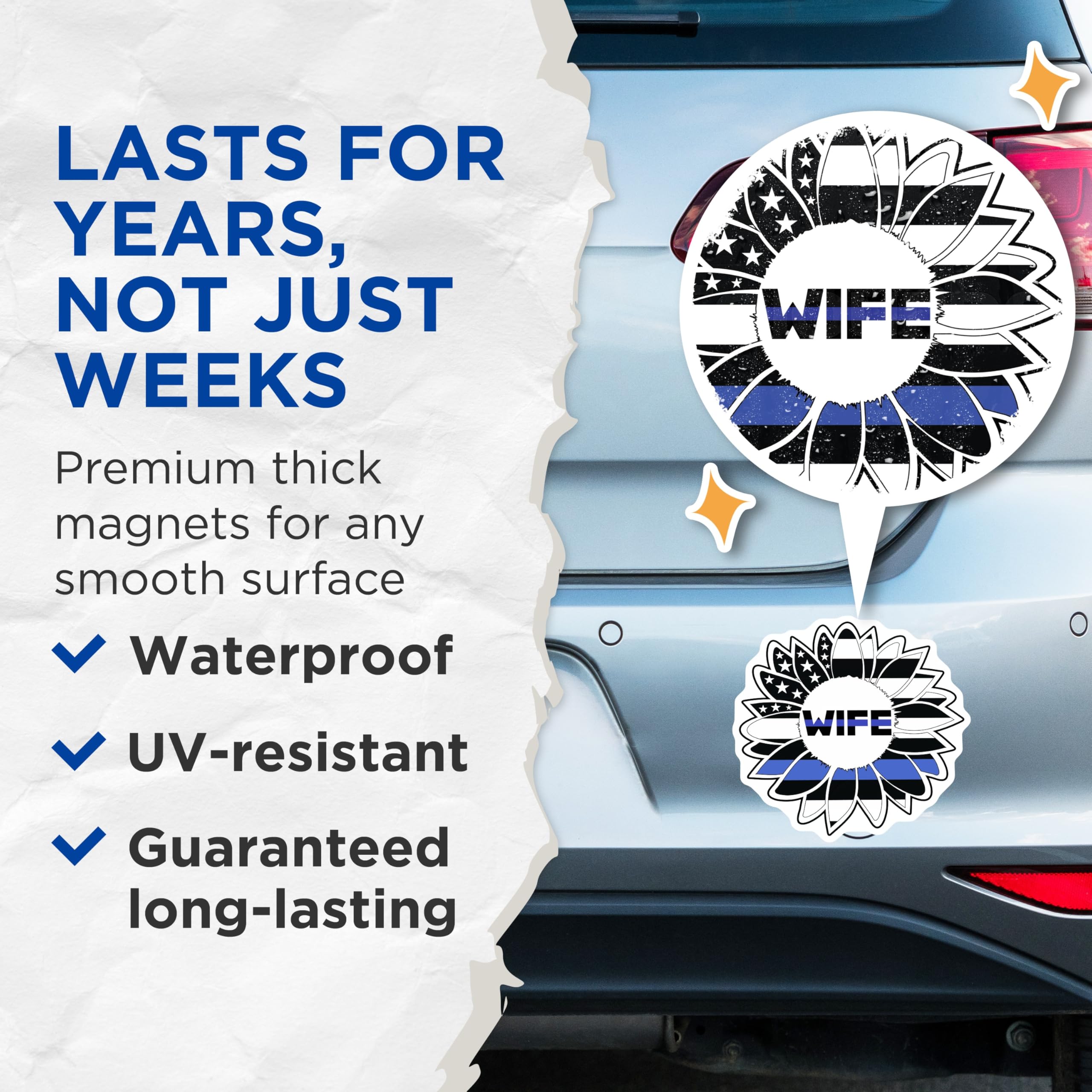 (2 Pack) Thin Blue Line Wife Magnets - Law Enforcement Spouse Decor - Patriotic Sunflower Support - Back the Blue Wives - 5 Inches On Longest Side - Thick Durable Magnet - Made in USA - MAG21116