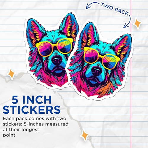 (2 Pack) Cool Dog Stickers - Vibrant Dog Design - Colorful Pet Art - Fun Animal Stickers - Creative Dog Lover Decal - 5" On Longest Side - Sticks to Smooth Flat Surfaces - Made in USA - BMCS7238