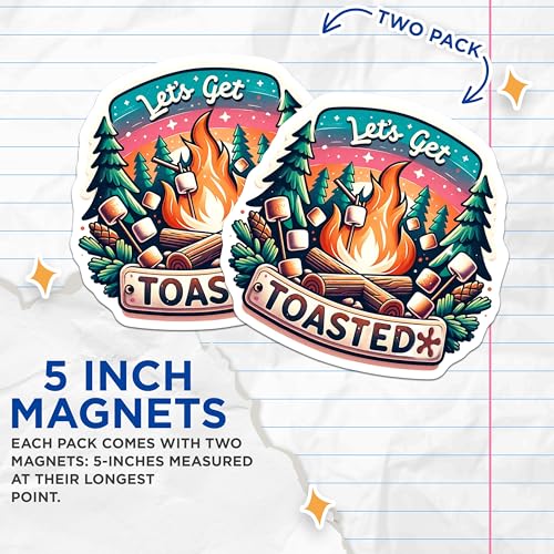 (2 Pack) Let's Get Toasted Magnets - Campfire Marshmallow Magnets - Fun Outdoor Adventure Magnets - 5" On Longest Side - for Cars, Fridges, Toolboxes - Made in USA - MAG7005
